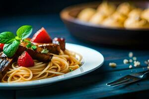 spaghetti with meat and strawberries on a plate. AI-Generated photo