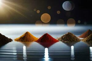 a row of different colored spices on a table. AI-Generated photo