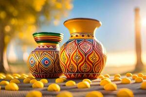 two colorful vases are sitting on a table. AI-Generated photo