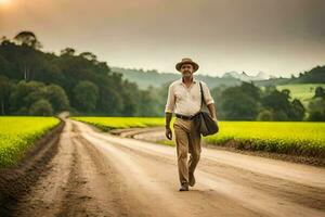 a man walking down a dirt road with a bag. AI-Generated photo