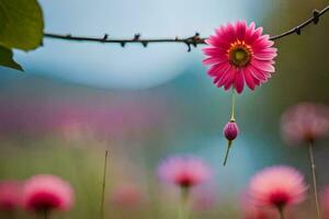 a pink flower is hanging from a branch. AI-Generated photo