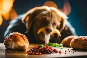 a dog with a long nose and a long tongue is eating a piece of meat. AI-Generated photo