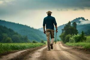 a man walking on a dirt road with a cane. AI-Generated photo