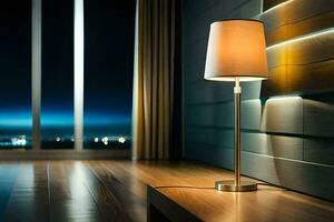 un lámpara es sentado en un de madera piso en frente de un ventana. generado por ai foto