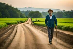 an old man walking down a dirt road with a cane. AI-Generated photo