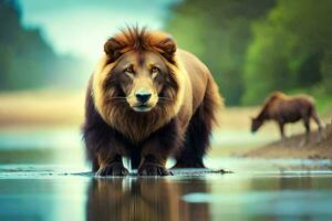 a lion walking along the shore of a river. AI-Generated photo