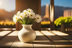 un blanco florero con margaritas en un mesa en frente de un ventana. generado por ai foto