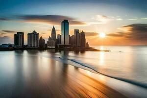 the sun sets over the city skyline in this long exposure photograph. AI-Generated photo