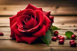a red rose is on a wooden table with berries. AI-Generated photo