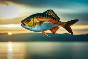 un pescado volador terminado el agua a puesta de sol. generado por ai foto