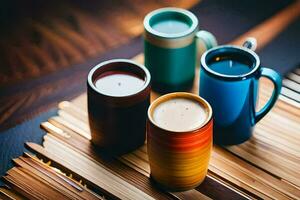 Tres vistoso café tazas en un bambú bandeja. generado por ai foto