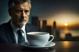 a man in a suit and tie sits at a table with a cup of coffee. AI-Generated photo