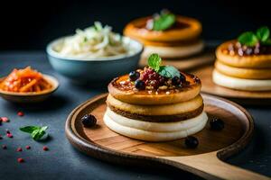 a plate of pancakes with berries and other toppings. AI-Generated photo