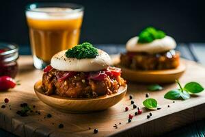 two small cakes with meat and vegetables on a wooden board. AI-Generated photo