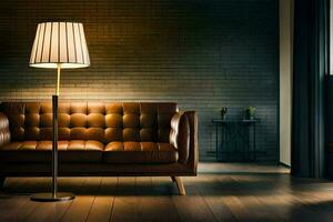 a brown leather couch in a room with a lamp. AI-Generated photo