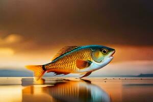 a fish is standing on the water with a sunset in the background. AI-Generated photo