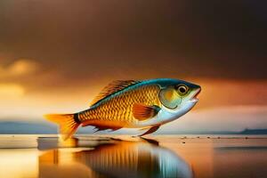 un pescado es en pie en el agua con un puesta de sol en el antecedentes. generado por ai foto