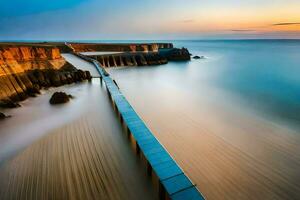 a long exposure photograph of a pier in the ocean. AI-Generated photo