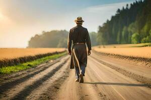 a man in a hat and coat walking down a dirt road. AI-Generated photo