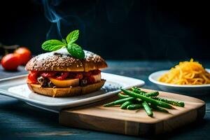 a hamburger with tomato, green beans and a green leaf. AI-Generated photo