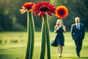 un hombre y mujer caminando mediante un campo con rojo flores generado por ai foto