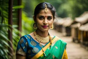 a beautiful indian woman in a traditional sari. AI-Generated photo