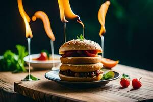 a burger with flames on top of it. AI-Generated photo