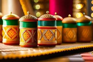 a row of colorful wooden containers with gold and green decorations. AI-Generated photo