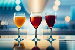 three glasses of different colored drinks on a table. AI-Generated photo