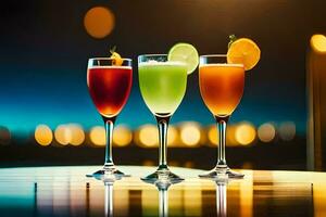 three glasses of different colored drinks on a table. AI-Generated photo