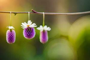 three purple flowers hang from a branch. AI-Generated photo