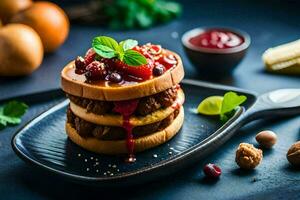 a stack of pancakes with berries and nuts on top. AI-Generated photo
