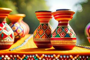colorful vases on a table with a river in the background. AI-Generated photo