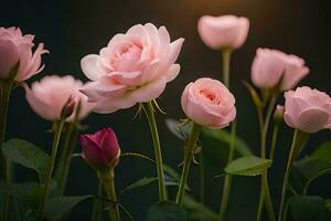 pink roses are in bloom against a dark background. AI-Generated photo