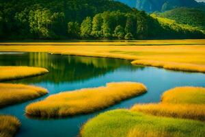 a river with yellow grass and trees in the foreground. AI-Generated photo