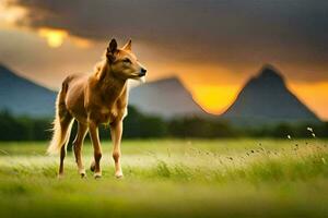 a horse standing in a field with mountains in the background. AI-Generated photo