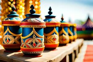 colorful vases are lined up on a wooden table. AI-Generated photo