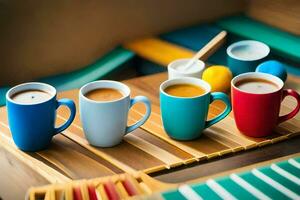 a group of four coffee cups on a wooden tray. AI-Generated photo