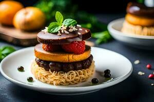 a plate with a stack of food on top. AI-Generated photo
