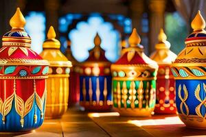 colorful lamps are lined up on a table. AI-Generated photo