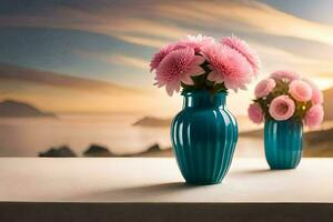 two vases with pink flowers on a table in front of the ocean. AI-Generated photo