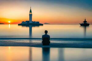 a man sitting on the beach at sunset with a lighthouse in the background. AI-Generated photo