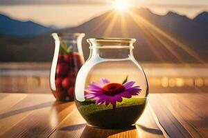 two vases with flowers on a table with mountains in the background. AI-Generated photo