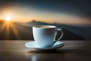a cup of coffee on a table in front of a mountain view. AI-Generated photo