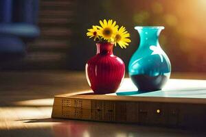 two vases with flowers sitting on a table. AI-Generated photo