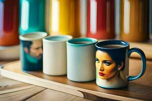 a tray with four mugs with different designs. AI-Generated photo