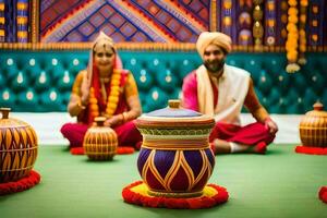 un Pareja en tradicional indio atuendo sentar en el piso con ollas. generado por ai foto