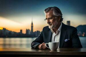a man in a suit and tie sits at a table with a cup of coffee. AI-Generated photo