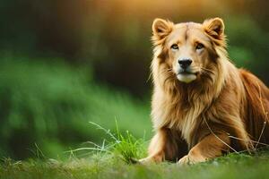 a lion sitting in the grass. AI-Generated photo