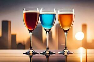 three glasses of different colored drinks on a table. AI-Generated photo